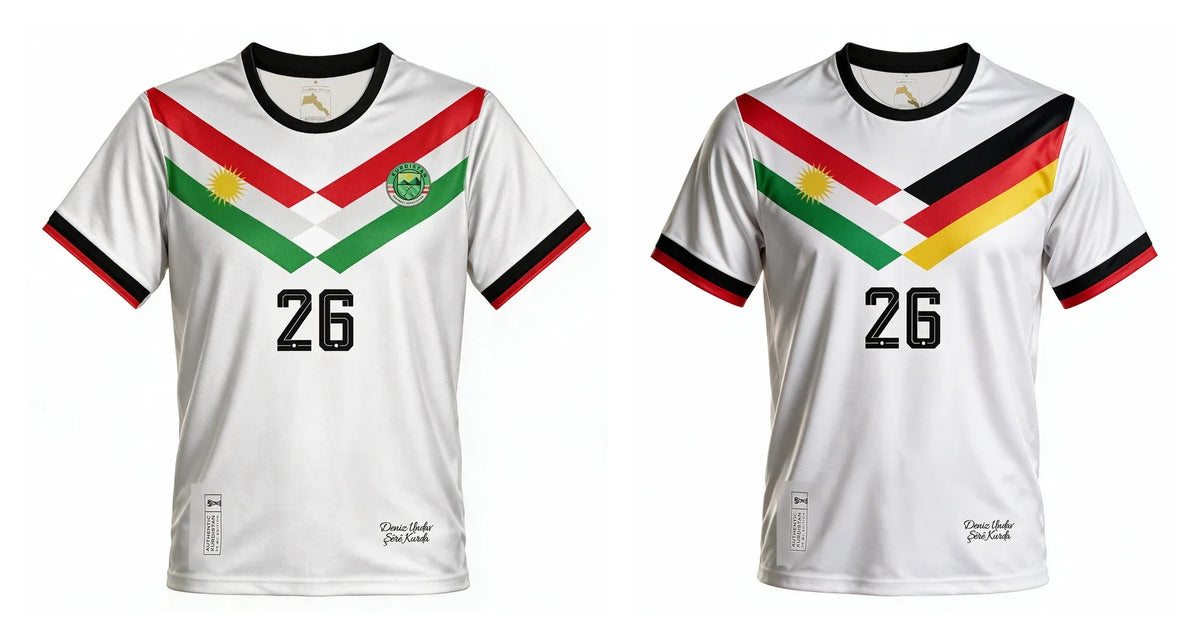 Visualisation of the two Deniz Undav shirts side by side: Kit 1 Kurdistan Edition with the red, white and green chevron and Kit 2 Germany Kurdistan Edition with black, red and gold on the right
