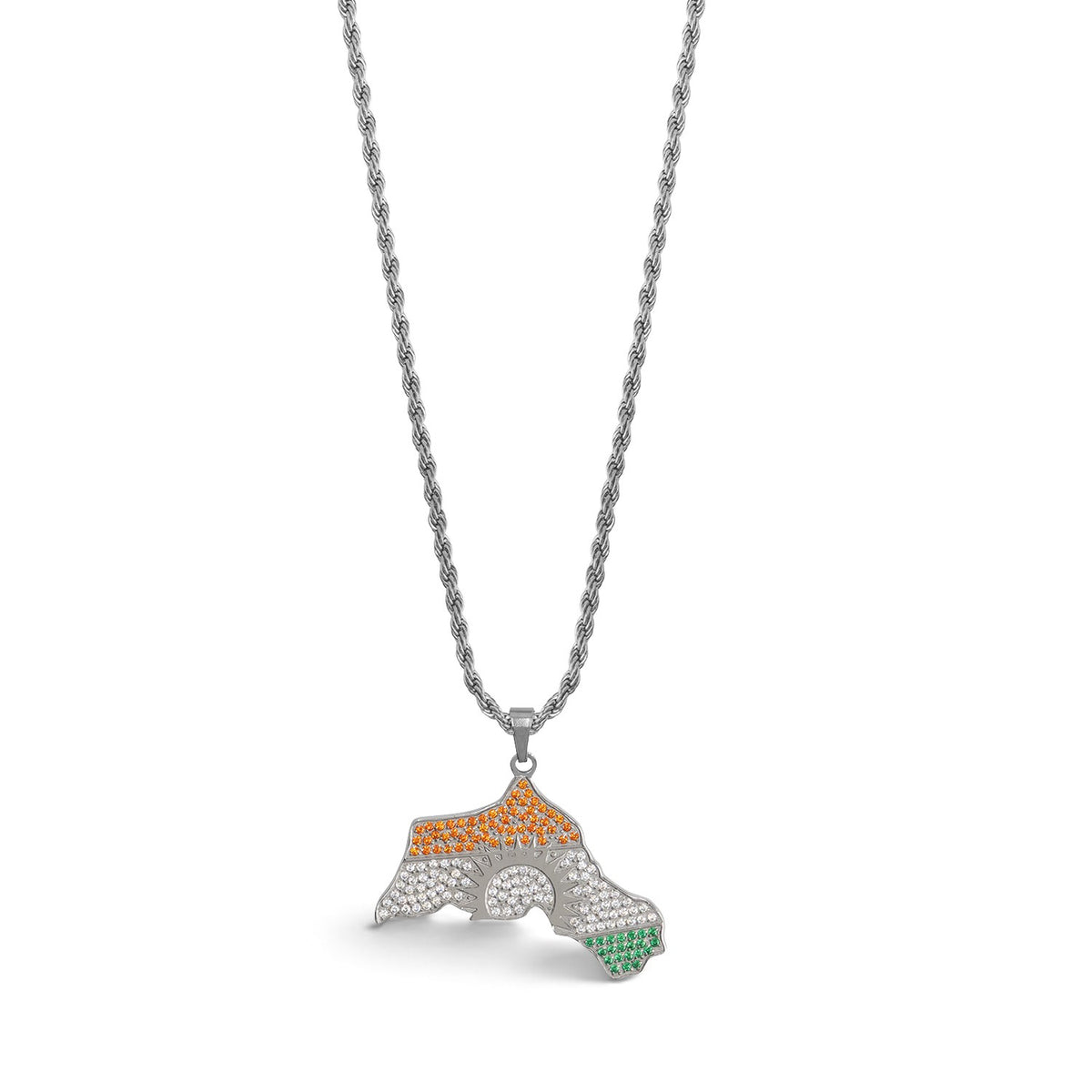 Kurdistan necklace for men in silver, map of Kurdistan pendant with red, white and green zirconia around the sun, rope chain, full necklace on white, studio photo
