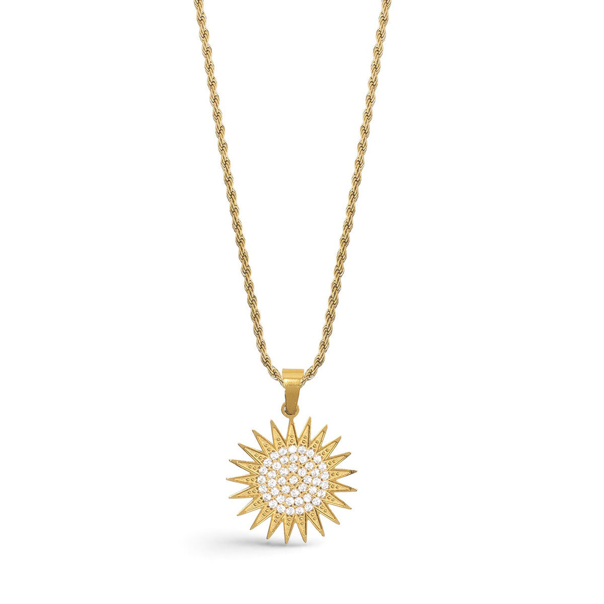 Kurdistan necklace for men in 18K gold, Kurdish sun pendant with 21 rays and clear zirconia, rope chain, full necklace on white, studio photo