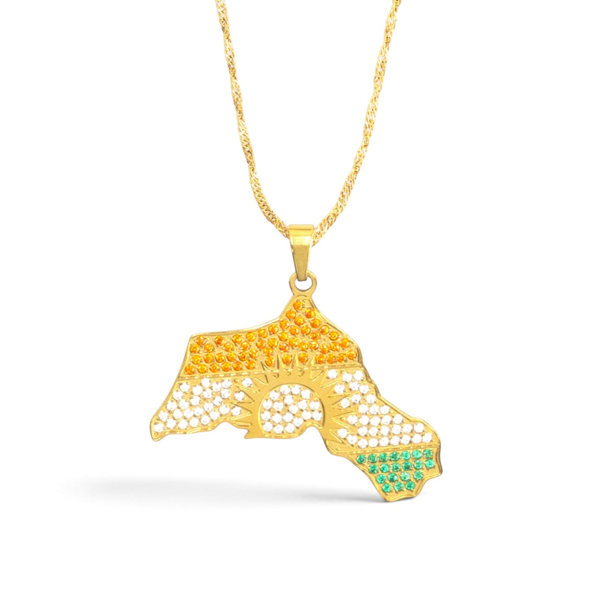 Kurdistan necklace for women in 18K gold, map of Kurdistan pendant with red, white and green zirconia around the sun, fine wave chain, close-up of the pendant on white