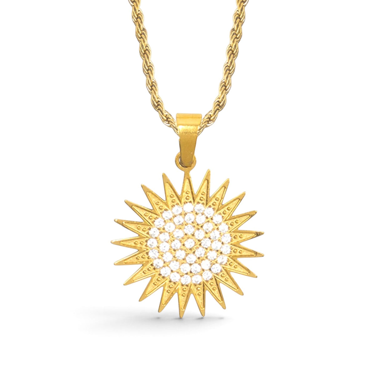 Kurdistan necklace for men in 18K gold, Kurdish sun pendant with 21 rays and clear zirconia, rope chain, close-up of the pendant on white