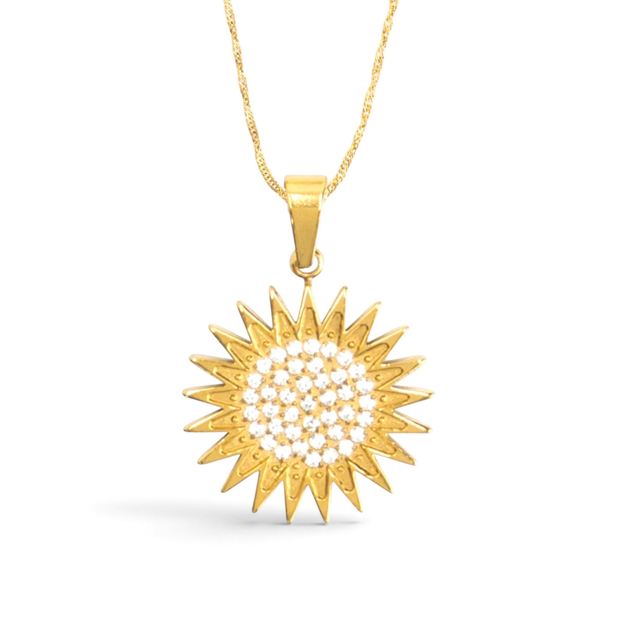 Kurdistan necklace for women in 18K gold, Kurdish sun pendant with 21 rays and clear zirconia, fine wave chain, close-up of the pendant on white