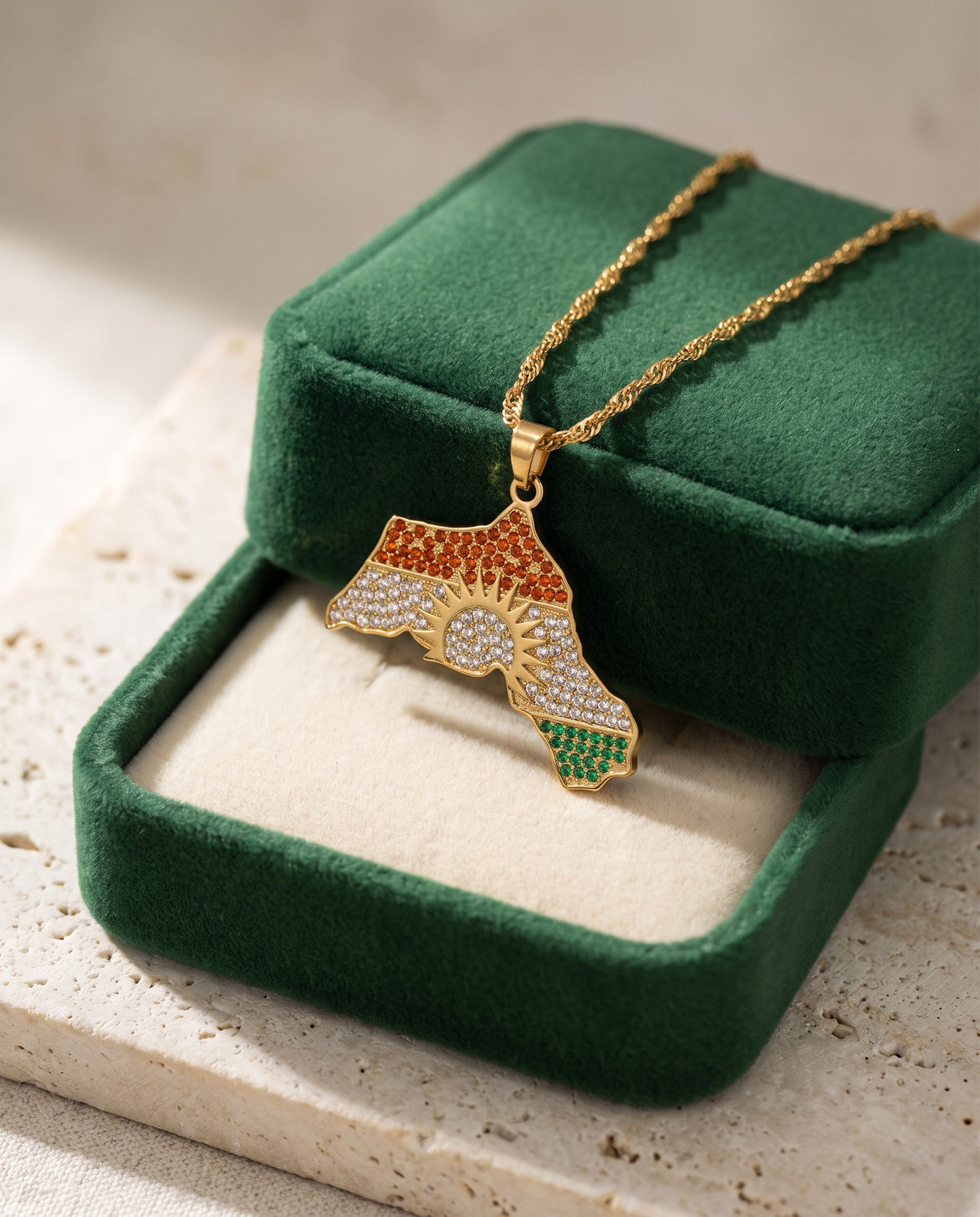 Kurdistan necklace for women in 18K gold, map of Kurdistan pendant with red, white and green zirconia around the sun, fine wave chain, with gift box