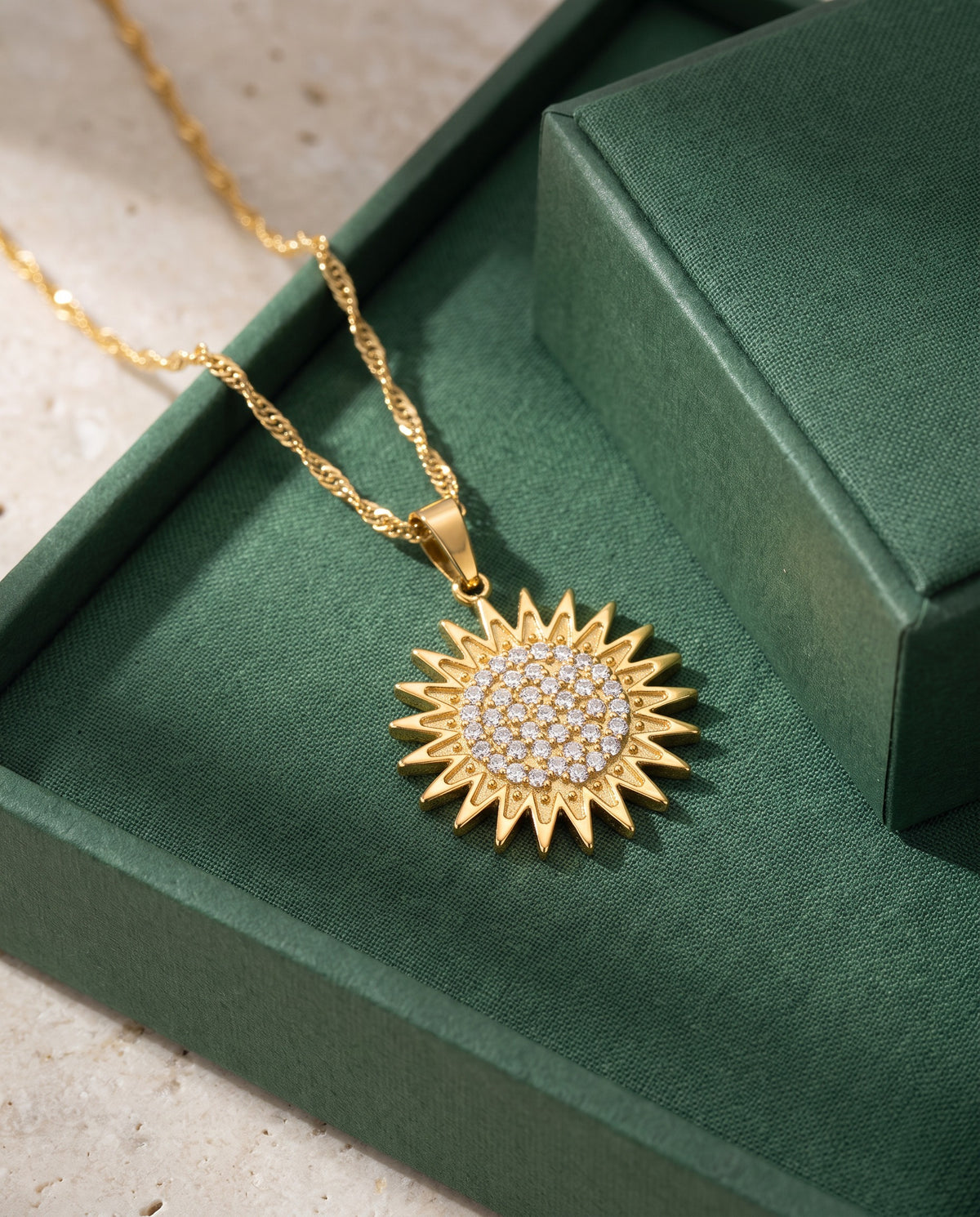 Kurdistan necklace for women in 18K gold, Kurdish sun pendant with 21 rays and clear zirconia, fine wave chain, with gift box