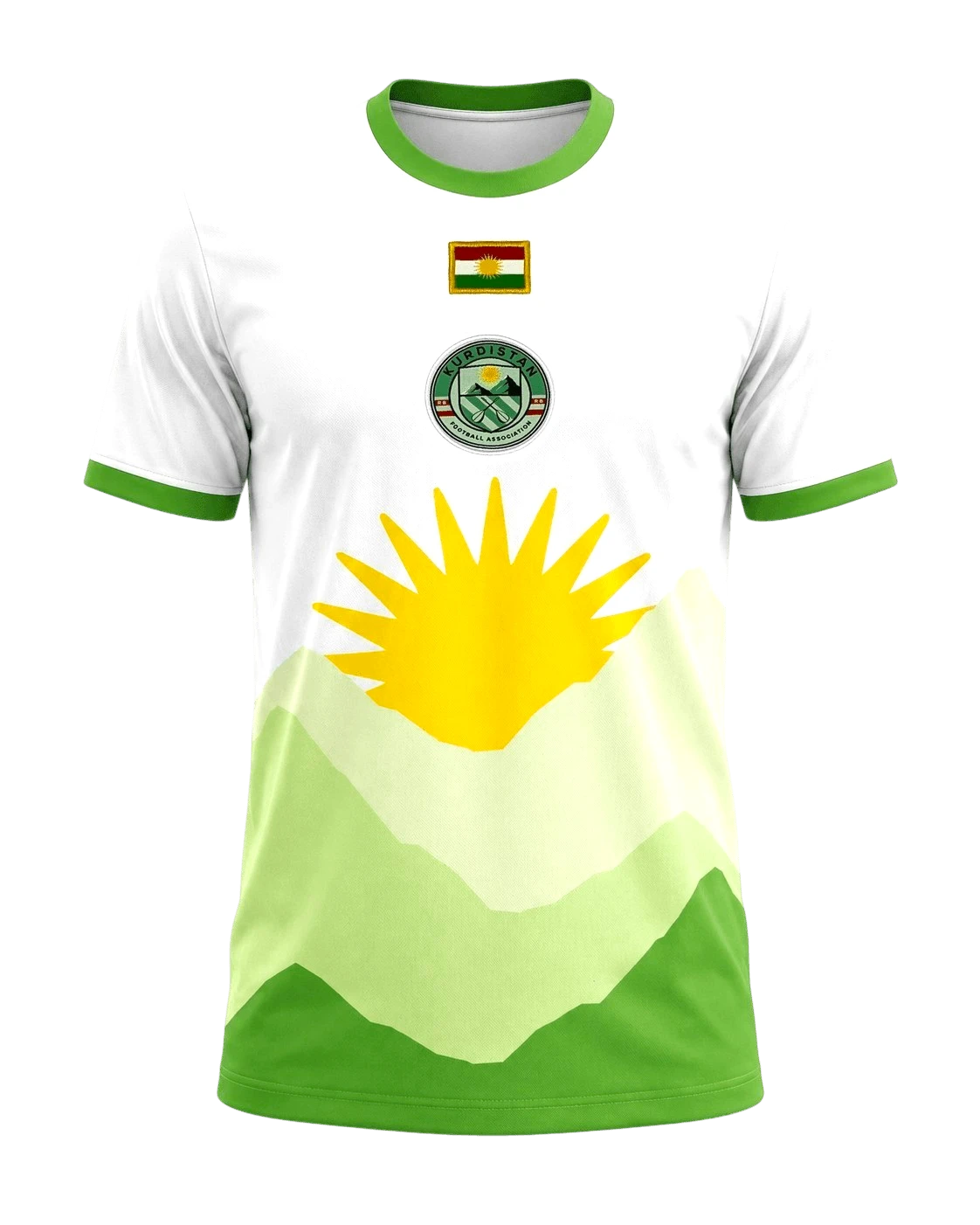 Çiyayê Kurdî 3.0 Kurdistan shirt, white with green trim, the Kurdish mountains and sun on the front, embroidered Kurdistan flag and crest