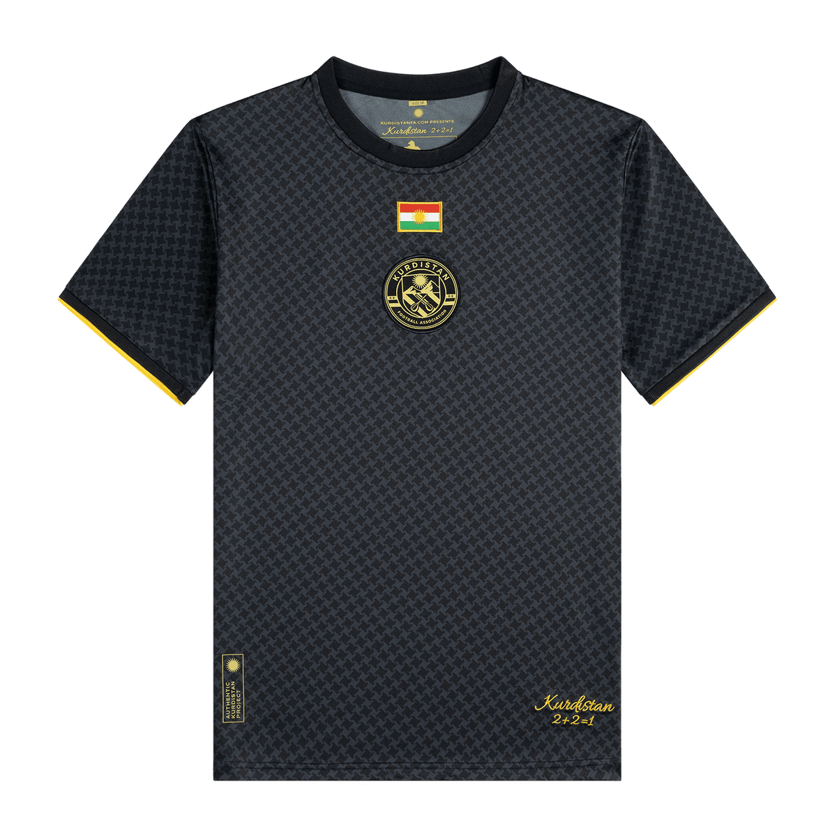 2+2=1 Kurdistan Shirt, black with golden trim, front view