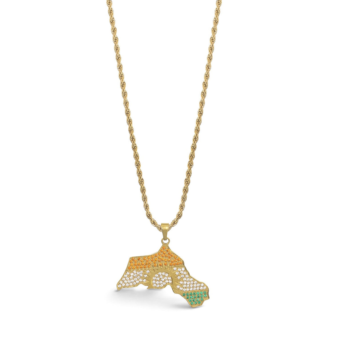 Kurdistan necklace for men in 18K gold, map of Kurdistan pendant with red, white and green zirconia around the sun, rope chain, full necklace on white, studio photo