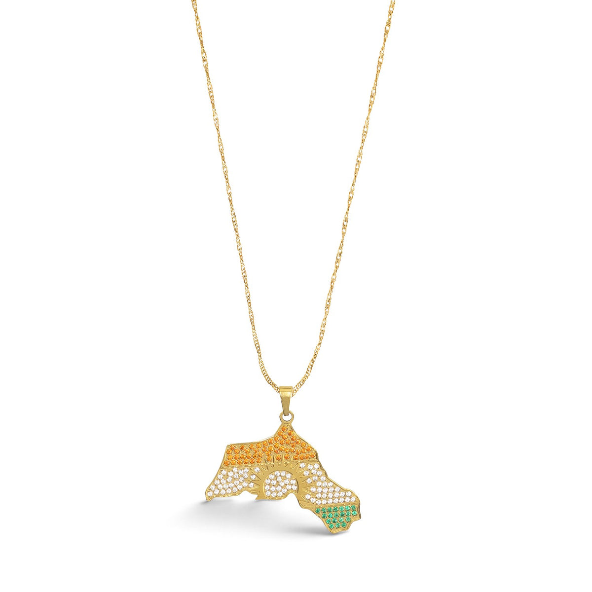 Kurdistan necklace for women in 18K gold, map of Kurdistan pendant with red, white and green zirconia around the sun, fine wave chain, full necklace on white, studio photo