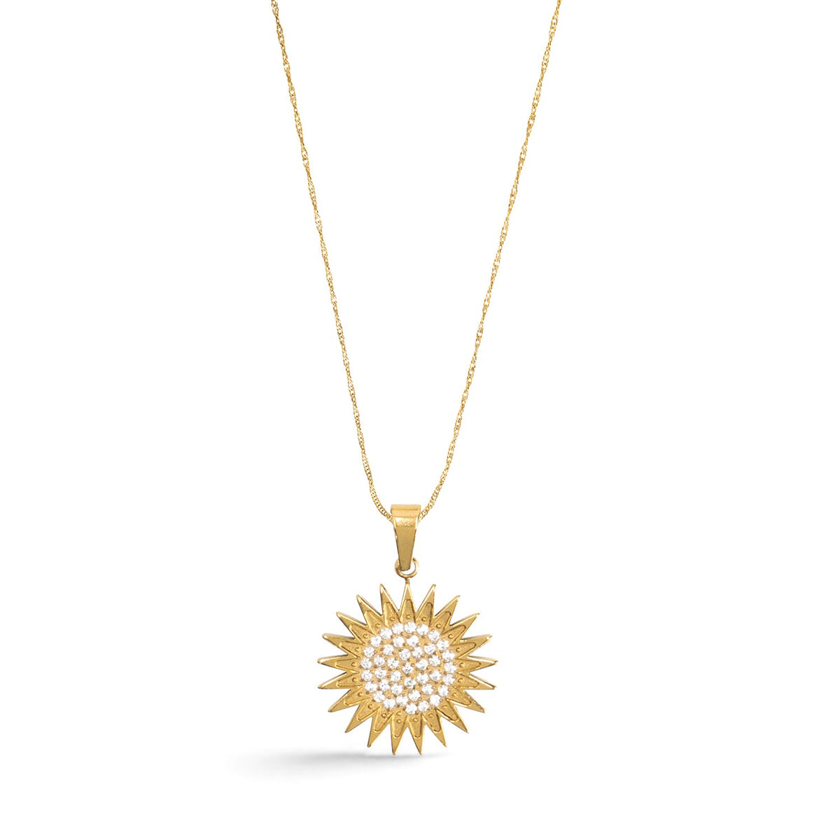 Kurdistan necklace for women in 18K gold, Kurdish sun pendant with 21 rays and clear zirconia, fine wave chain, full necklace on white, studio photo