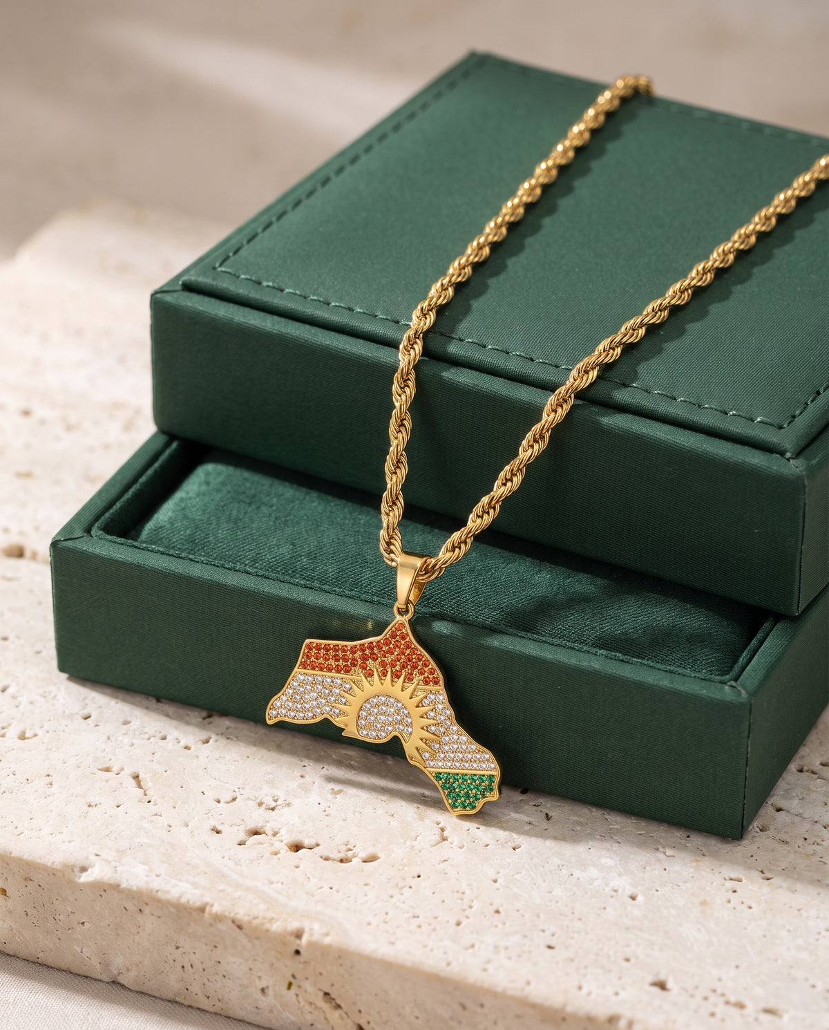 Kurdistan necklace for men in 18K gold, map of Kurdistan pendant with red, white and green zirconia around the sun, rope chain, with gift box