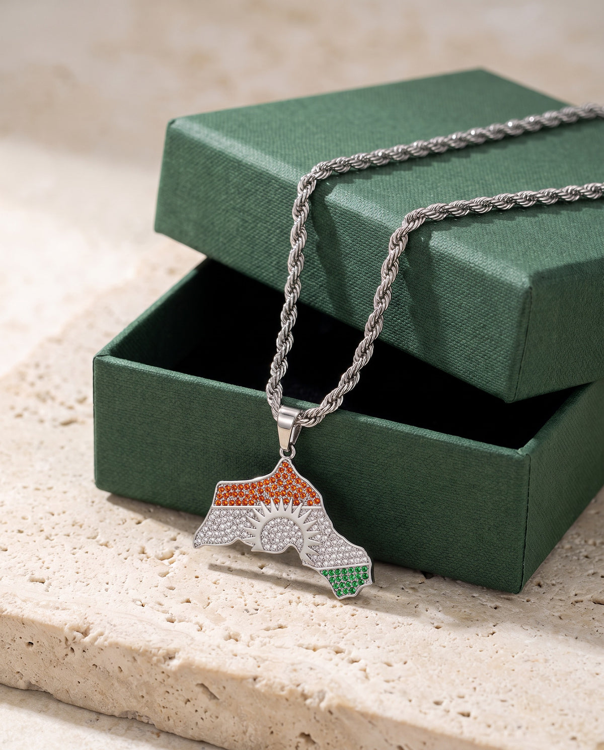 Kurdistan necklace for men in silver, map of Kurdistan pendant with red, white and green zirconia around the sun, rope chain, with gift box