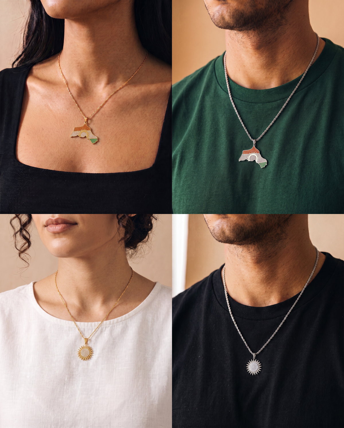 Pack Yek Dil : quatre colliers Kurdistan portés au cou, pendentifs carte du Kurdistan et soleil kurde en or 18K et argent, pour femme et homme
