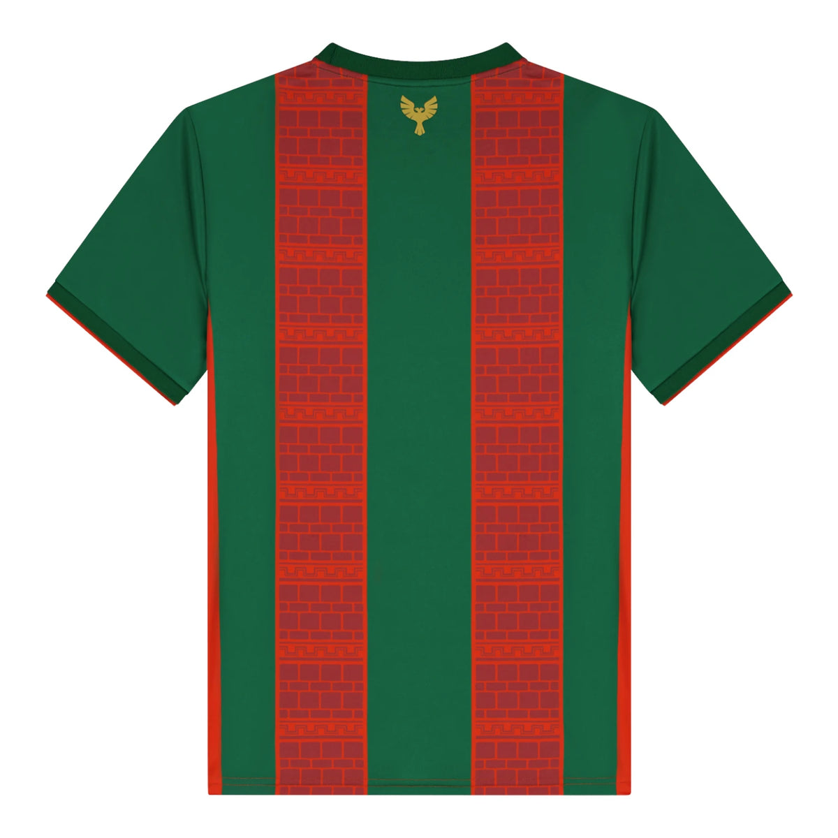 Maillot Amed Kurdistan domicile vert et rouge, vue de dos avec imprimé des remparts rouges d Amed et aigle doré à la nuque