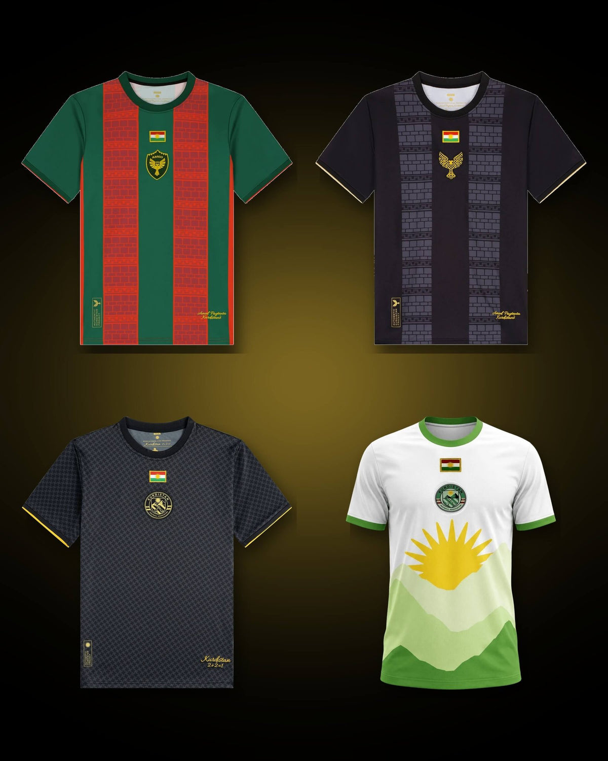 Em Yek In Bundle: the 2+2=1 Kurdistan Shirt, Amed Home, Amed Away and Çiyayê Kurdî 3.0 Kurdistan shirts together